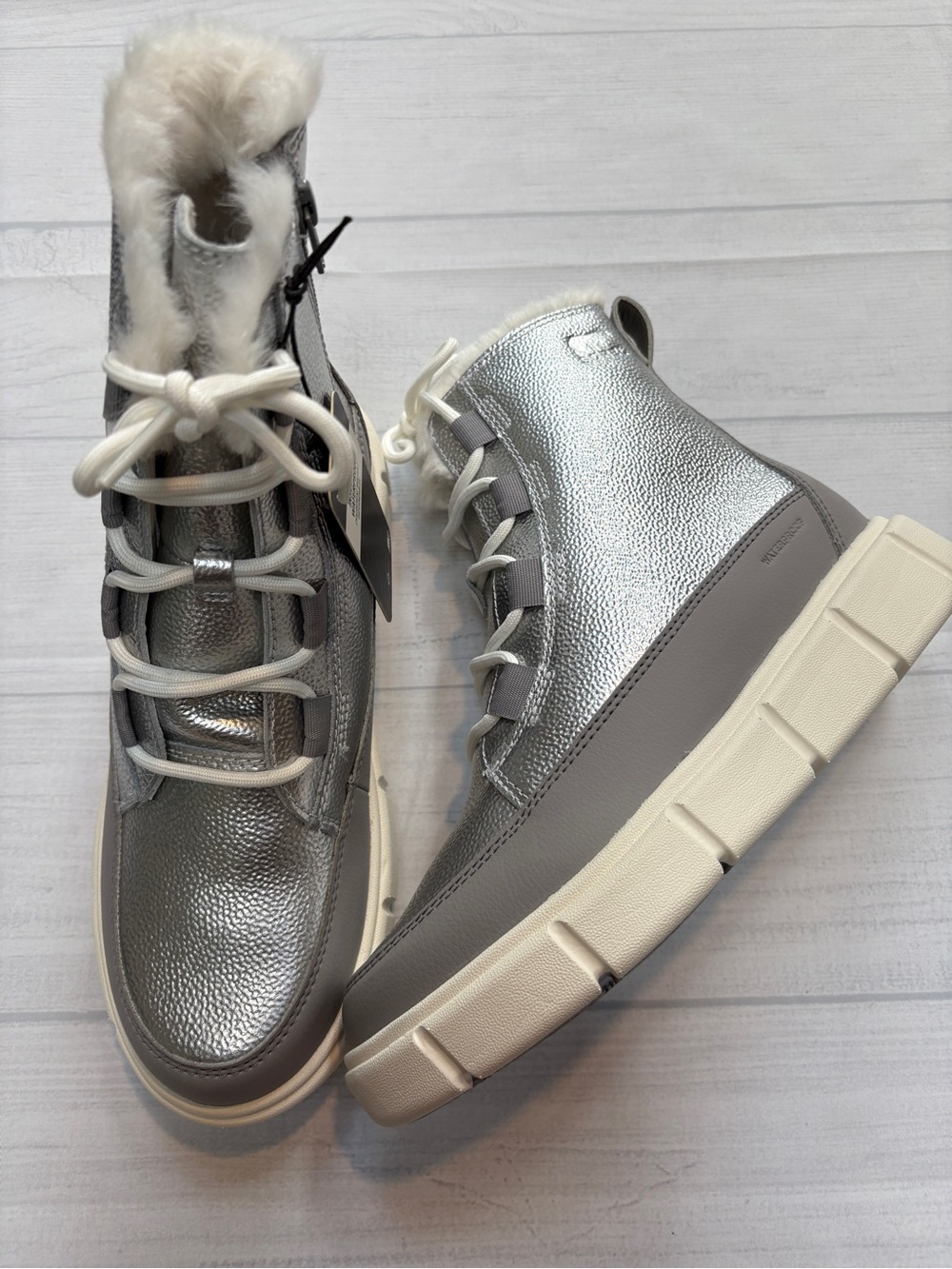 Sorel Silver Metallic and Cream Kids Lace-Up Winter Boots